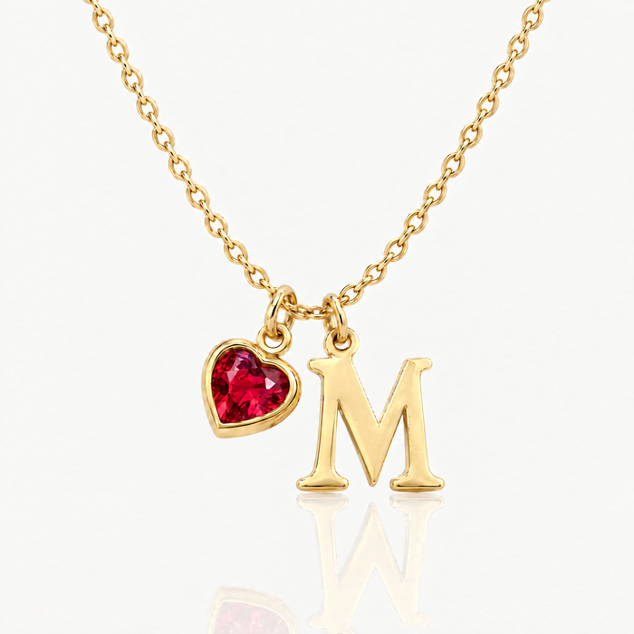 Initial necklace birthstone heart cubic zirconia gold-tone