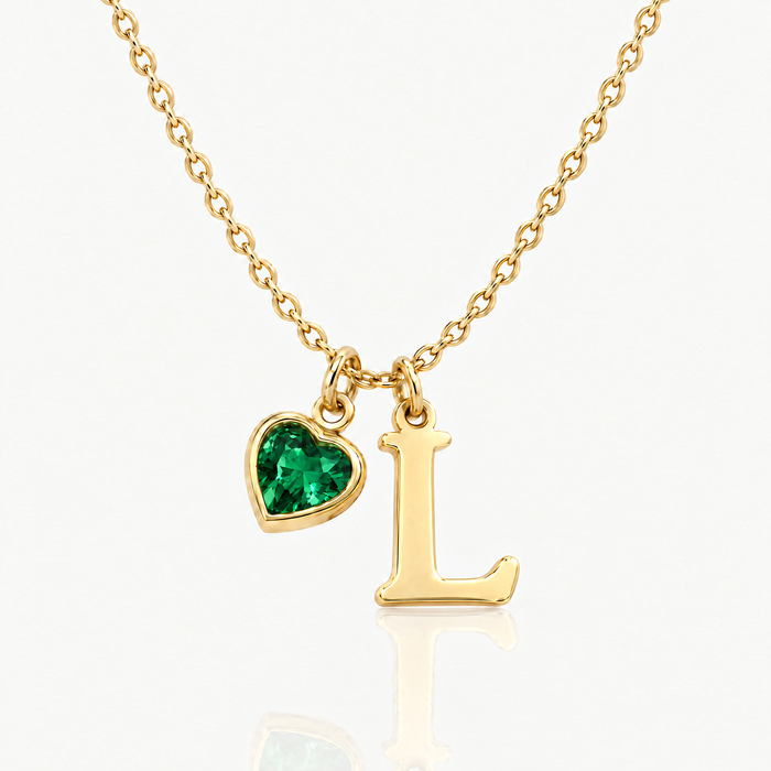 Initial necklace birthstone heart cubic zirconia gold-tone