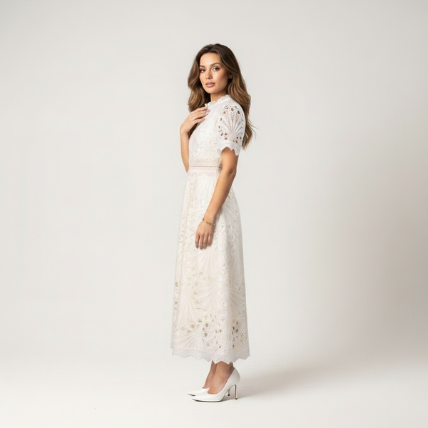 White lace midi dress with high neck and short sleeves