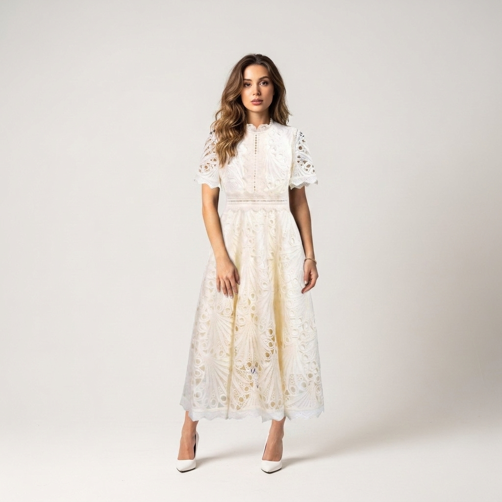 White lace midi dress with high neck and short sleeves