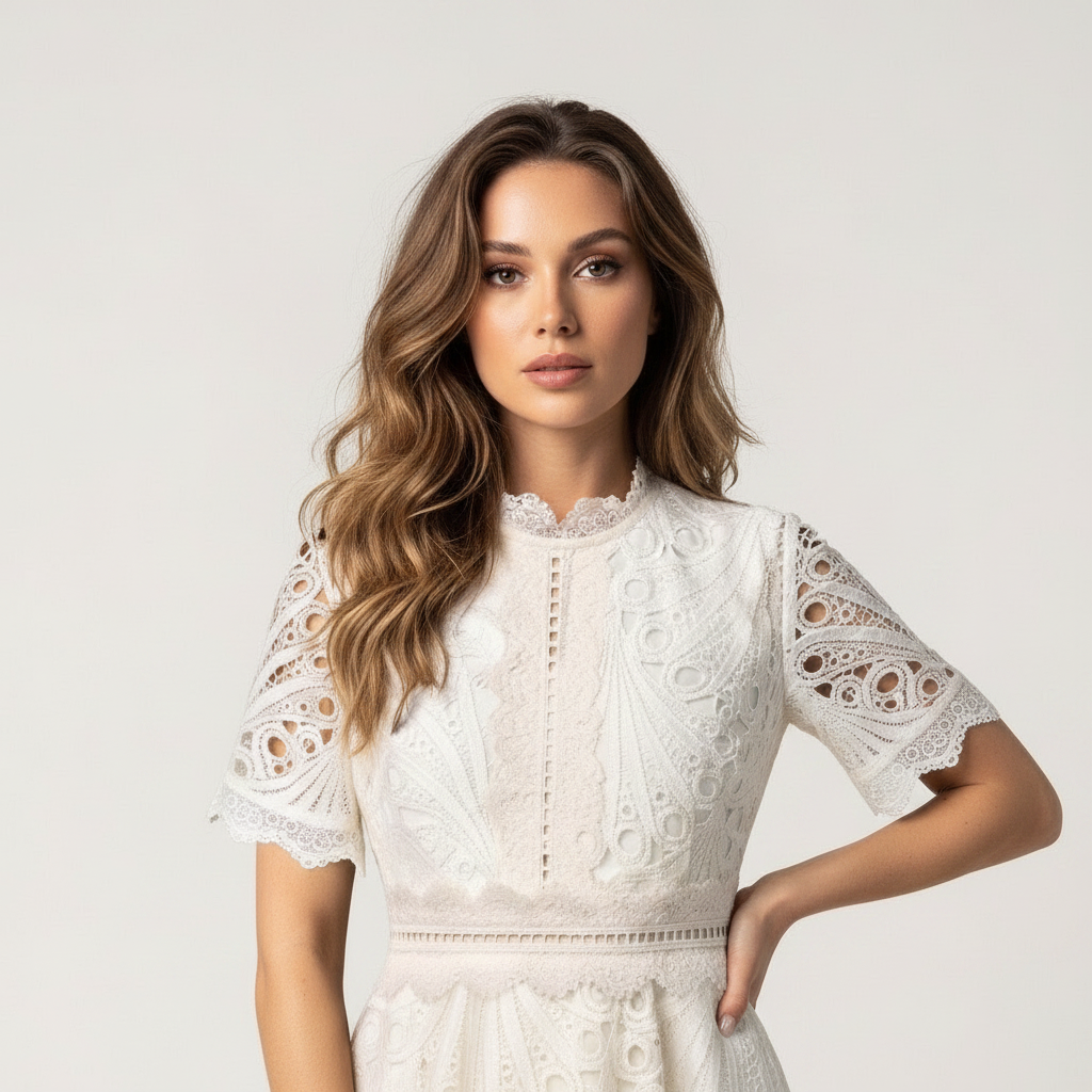 White lace midi dress with high neck and short sleeves