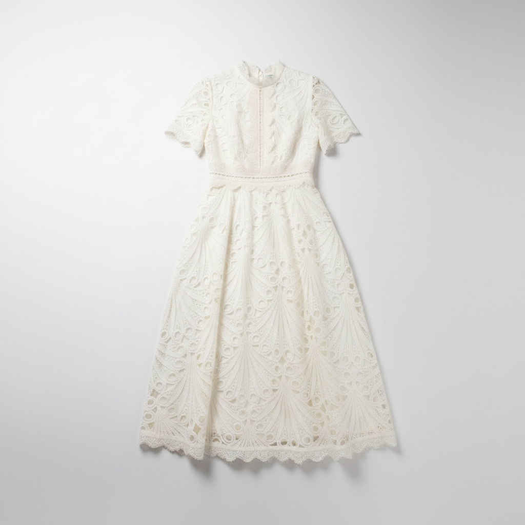 White lace midi dress with high neck and short sleeves