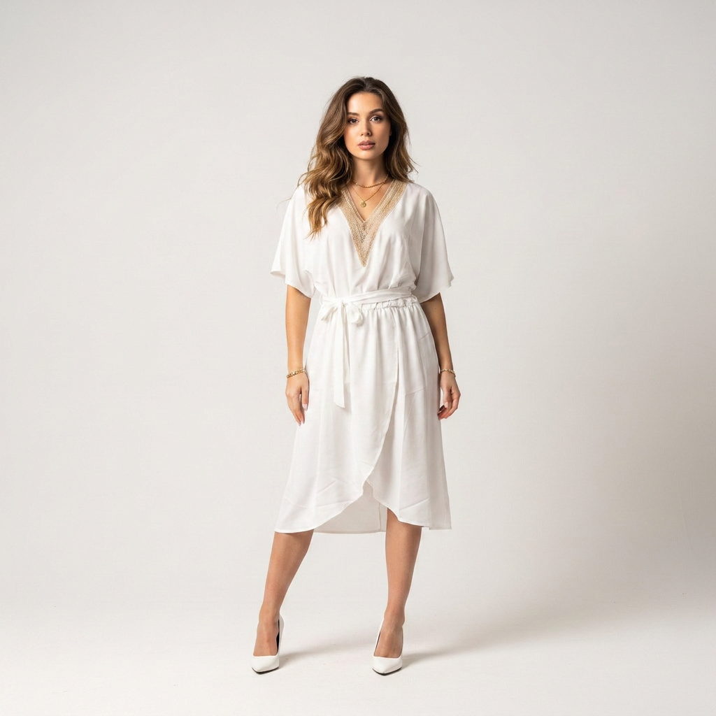 White v neck midi dress with tie waist and kimono sleeves