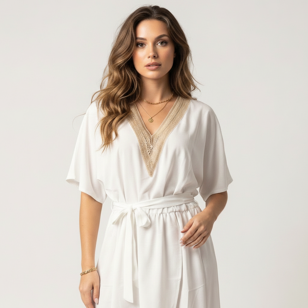 White v neck midi dress with tie waist and kimono sleeves