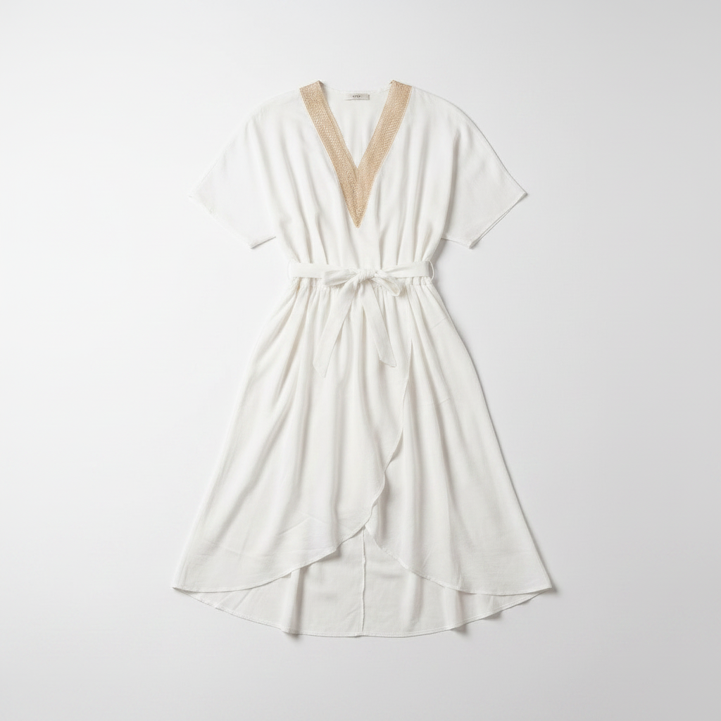 White v neck midi dress with tie waist and kimono sleeves