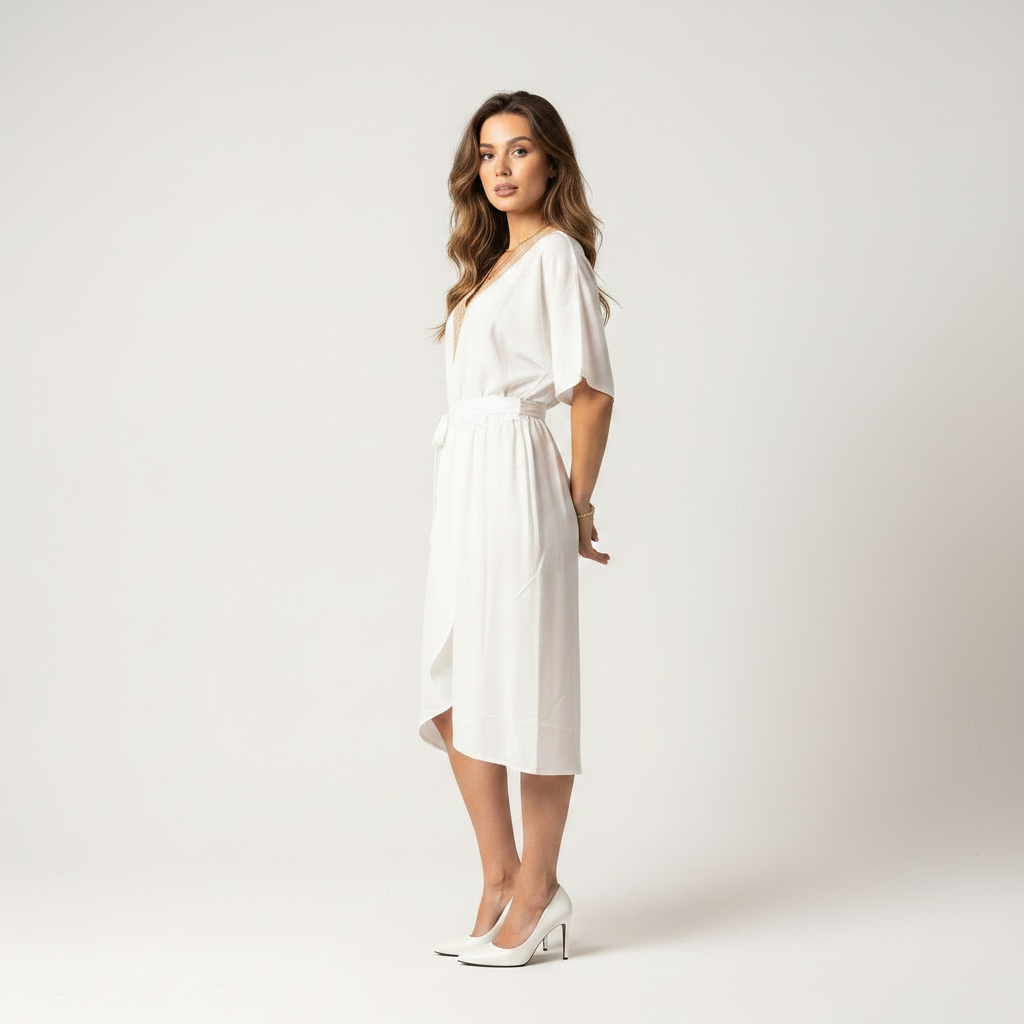 White v neck midi dress with tie waist and kimono sleeves