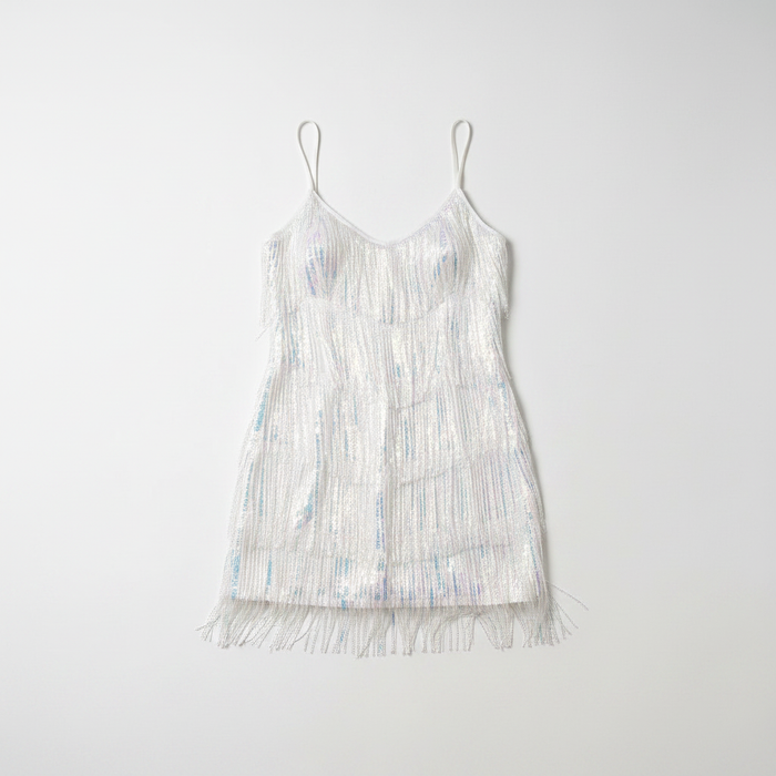 White sequin fringe mini dress