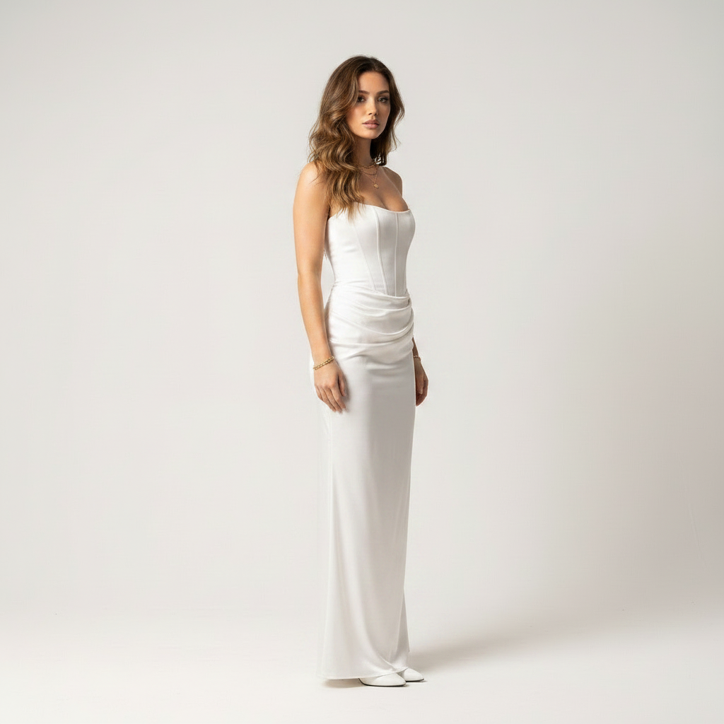 White strapless corset maxi dress