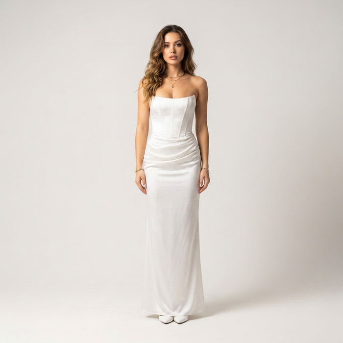 White strapless corset maxi dress