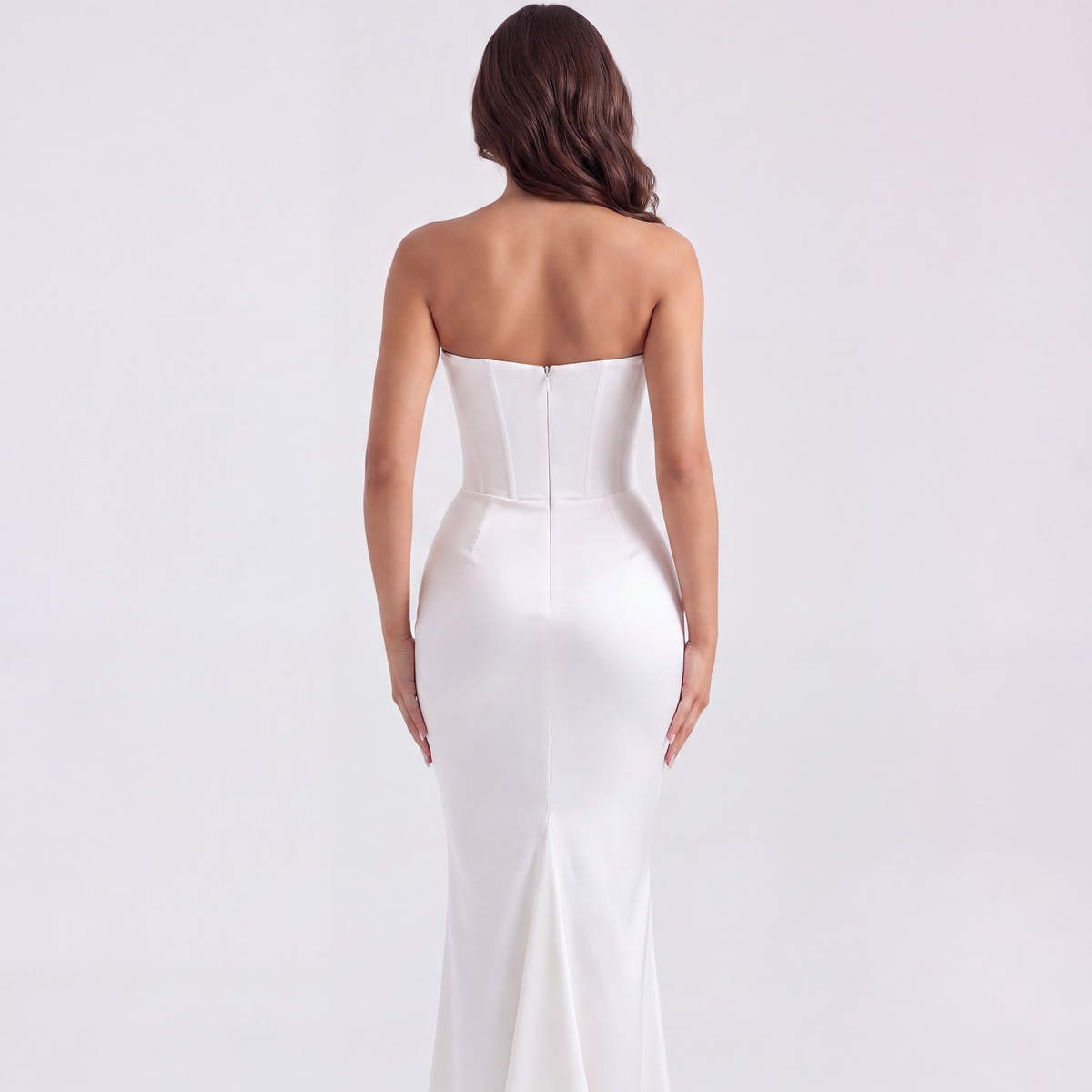 White strapless gown, styled full look