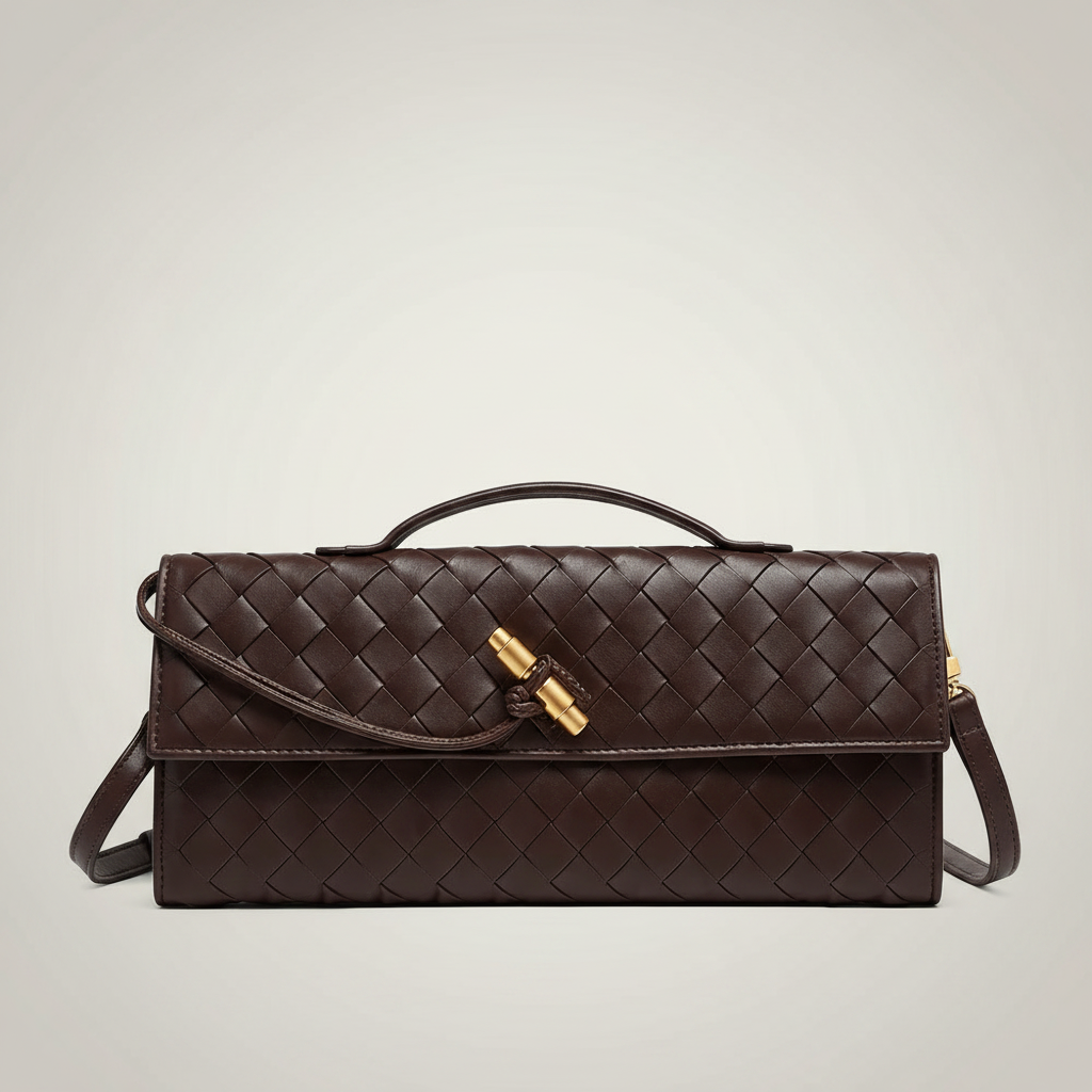 Brown woven evening clutch bag