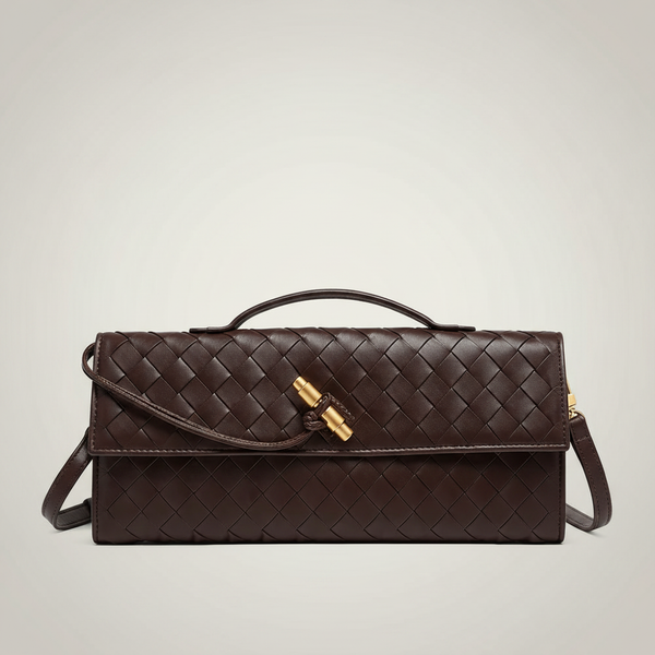 Brown woven evening clutch bag