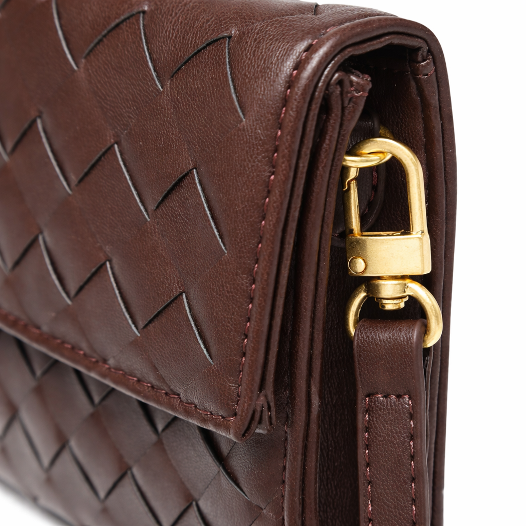 Brown woven evening clutch bag