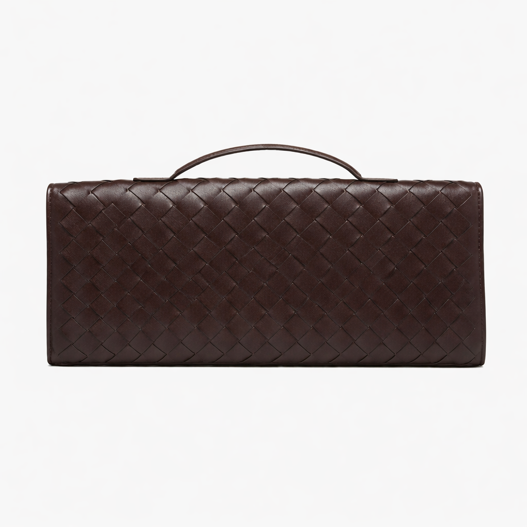 Brown woven evening clutch bag