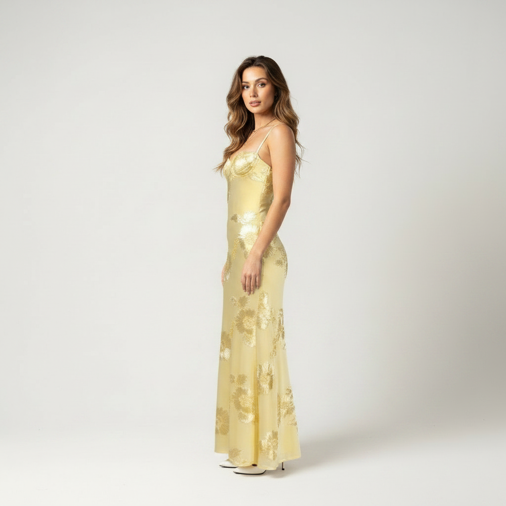 Yellow floral corset maxi dress