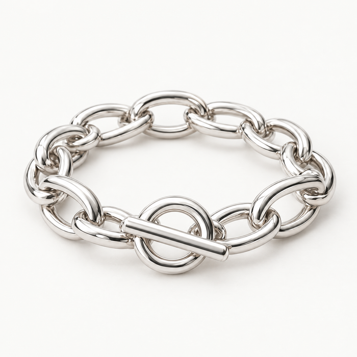 Silver-tone chunky chain bracelet with toggle clasp, three quarter view