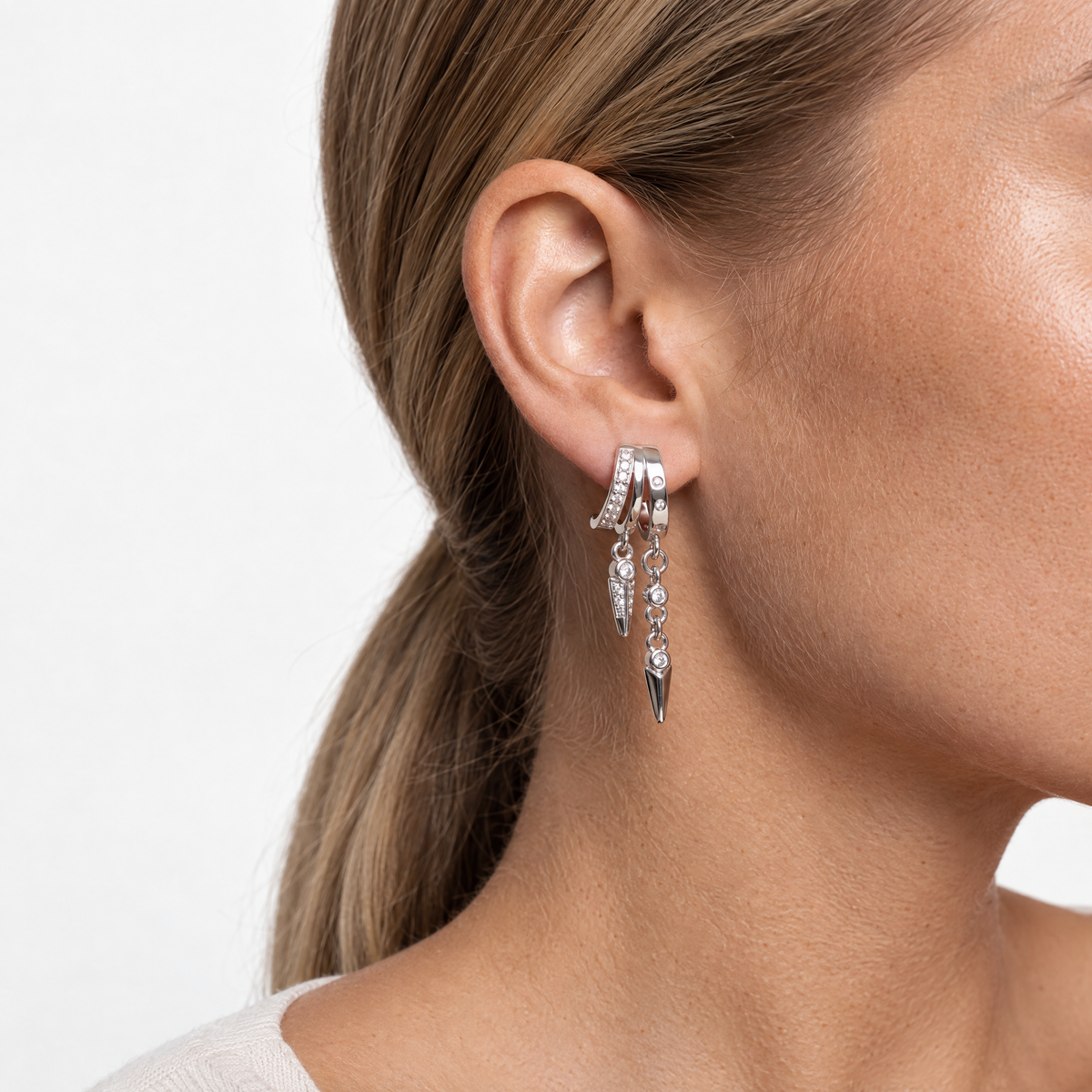 Silver-tone illusion hoop earrings with chain drops