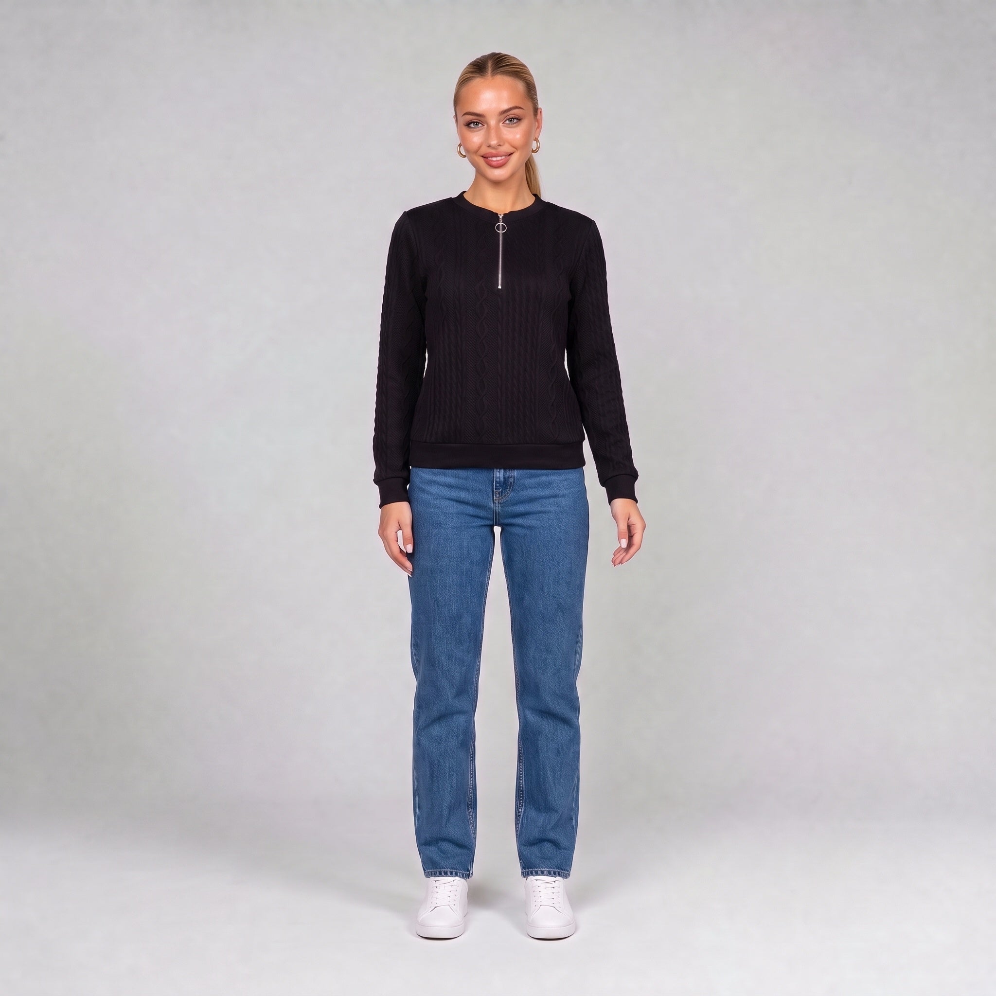 Black quarter zip cable knit jumper, front view on model