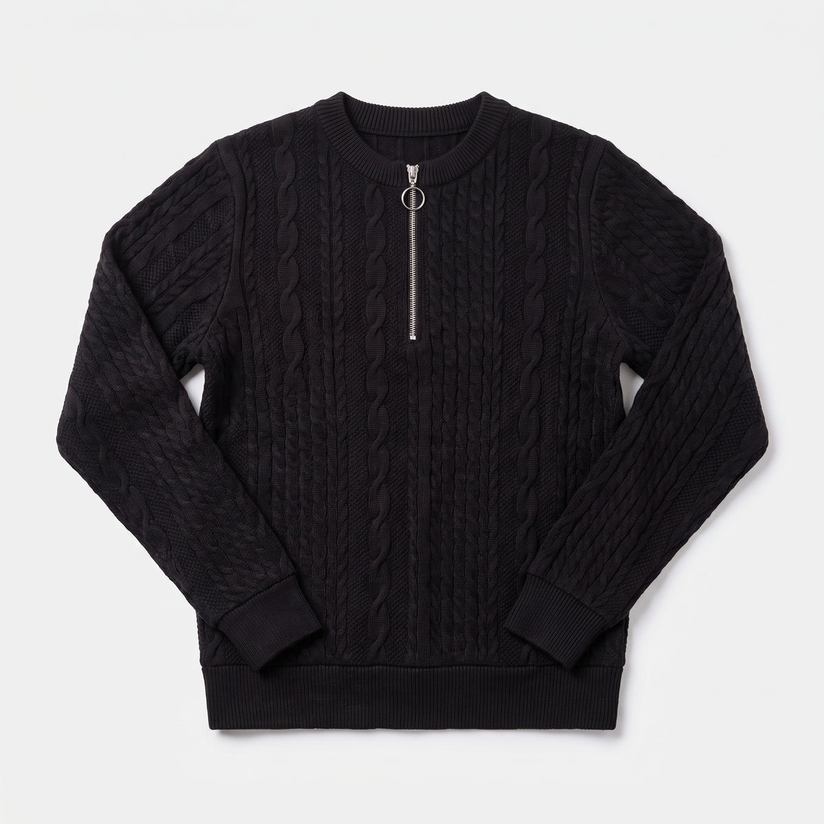 Black quarter zip cable knit jumper laid flat, product shot
